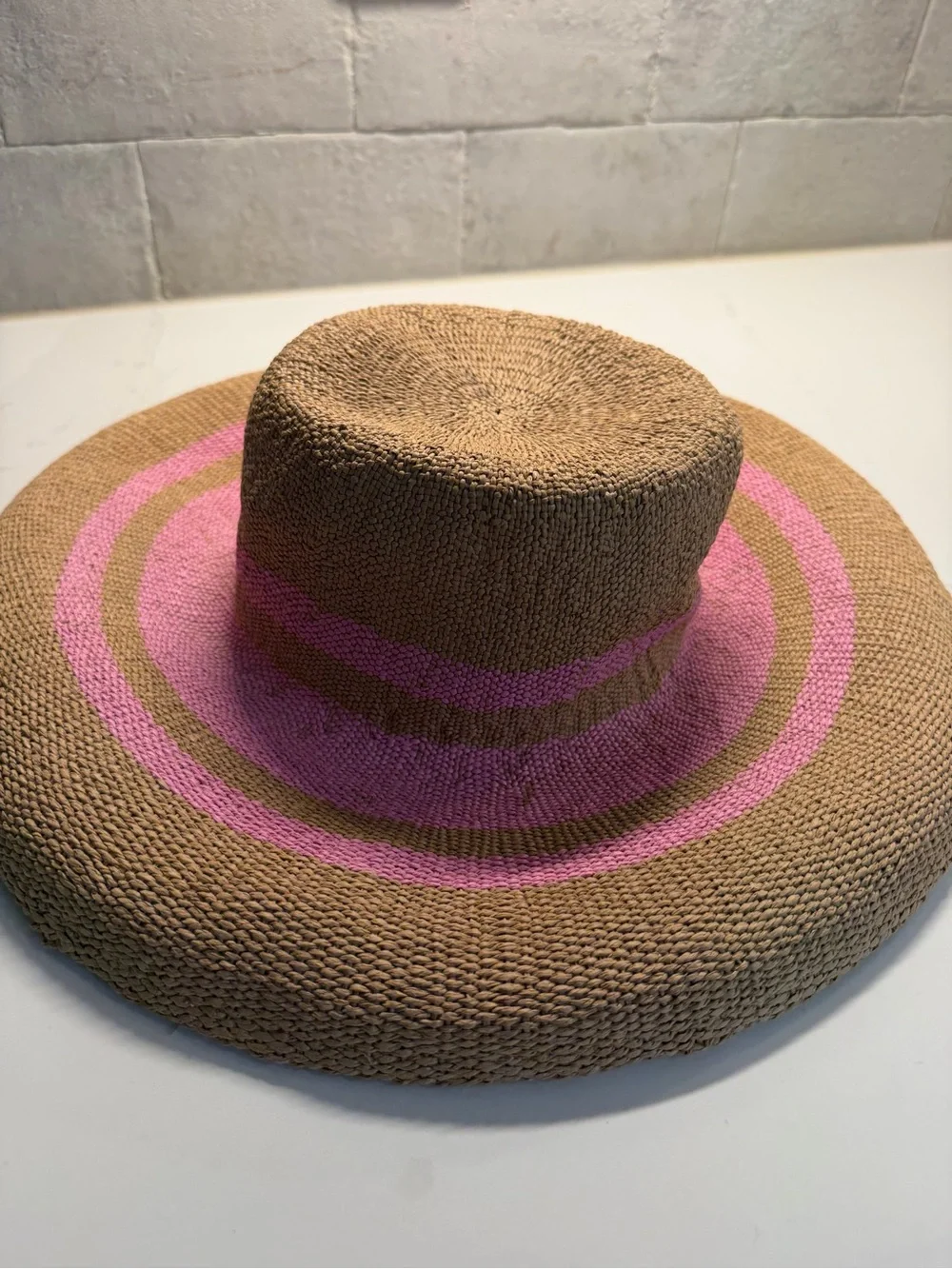 A New Day Wide Brim Straw Sun Hat with Pink Accent - S/M